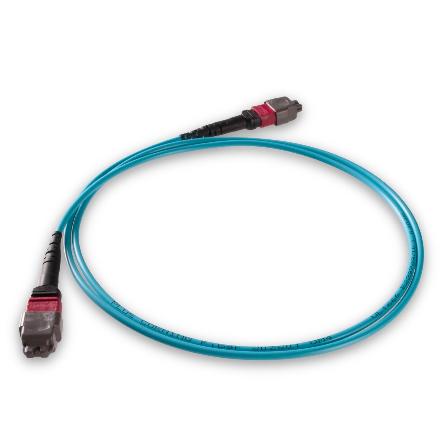 8 芯 Elite 母頭 MTP®/UPC 轉母頭 MTP®/UPC 跳線 | 康寧® ClearCurve® OM4 多模光纖 | 極性B,洋紅色 MTP®-12 接頭,水綠色外被 | LSZH 低煙無鹵外被