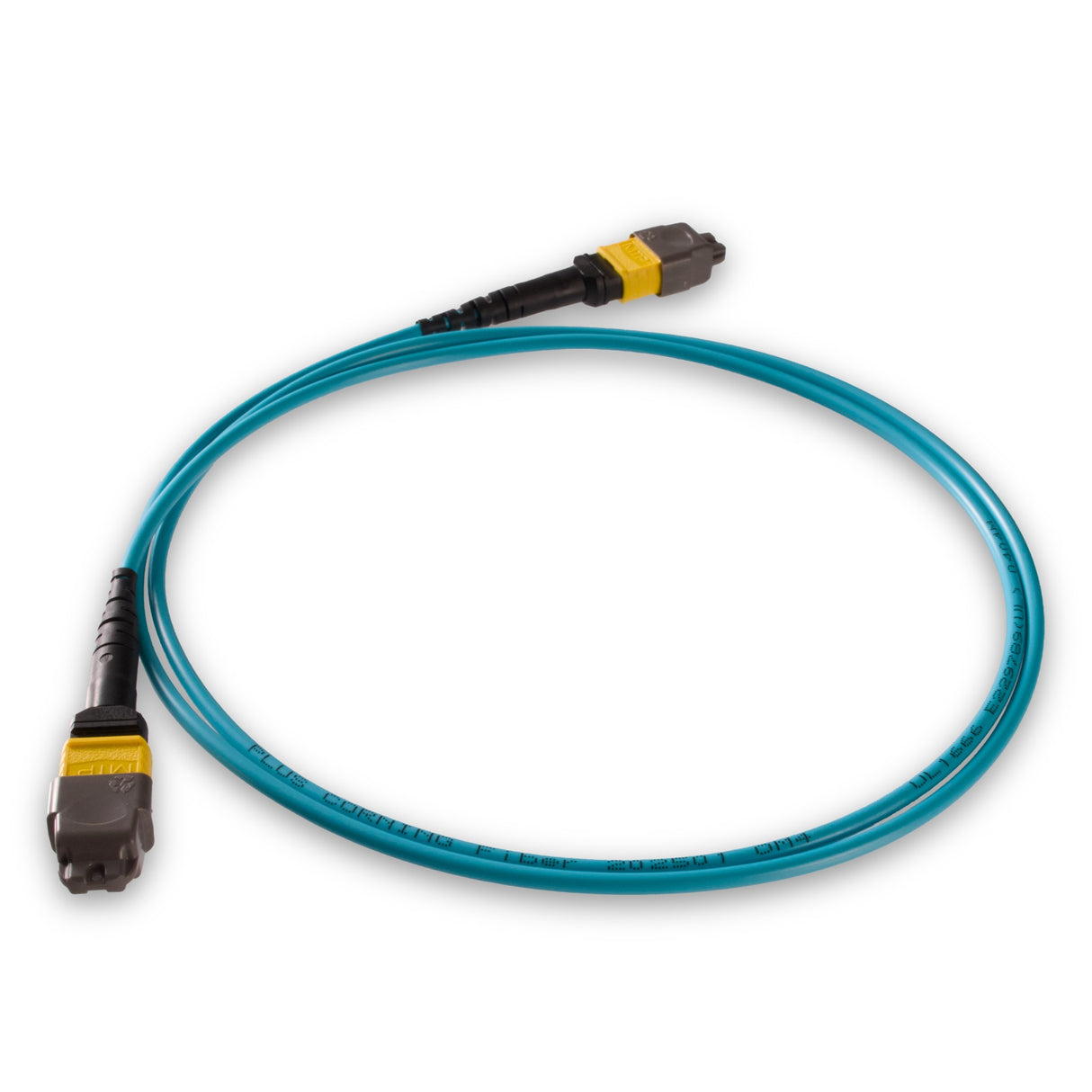 8-Fiber Elite Non-Pinned MTP®/APC to Non-Pinned MTP®/APC Jumper | Corning® ClearCurve® OM4 Multimode Optical Fiber | Type B, Yellow MTP®-12 Connectors, Aqua Cable Jacket | LSZH Jacket