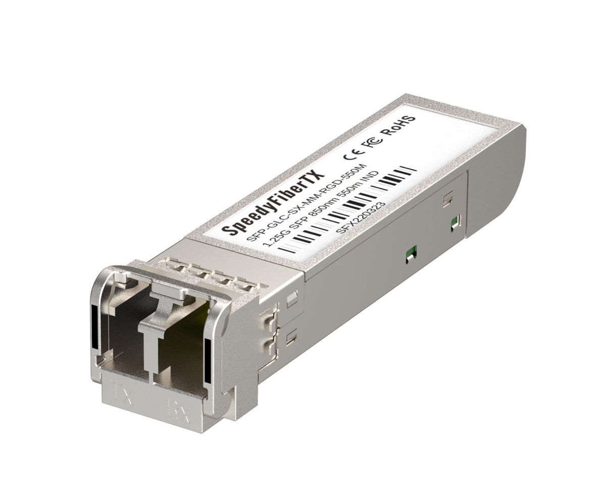 1000BASE-SX SFP multi-mode fiber module, supporting 850nm wavelength and 550m transmission distance, LC/UPC interface, industrial-grade low power design, compatible with Cisco switches, routers, servers, and NICs, featuring DOM monitoring.