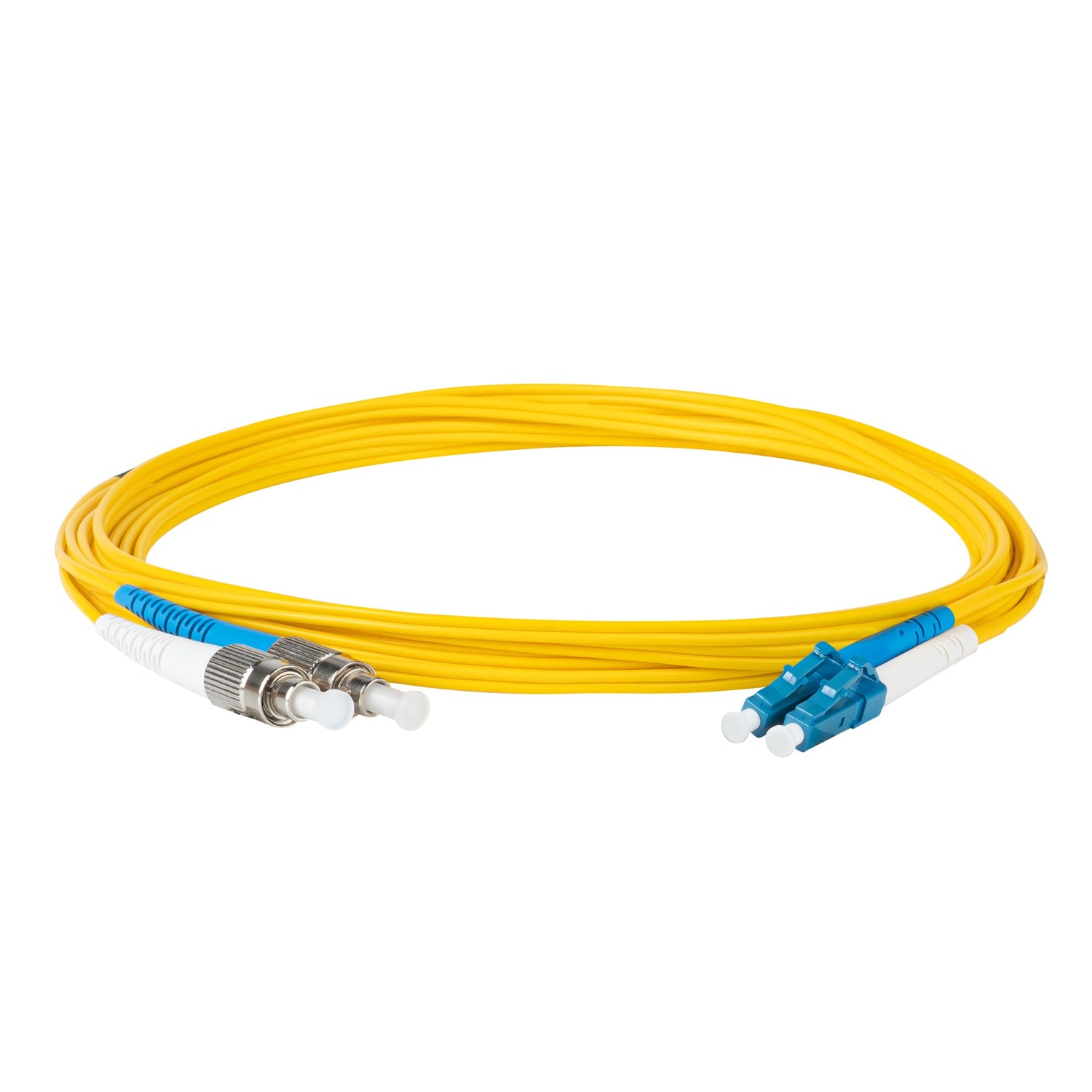 0.2dB LC/UPC to FC/UPC Single-mode Duplex Fiber Patch Cable | Corning SMF-28 Ultra Fiber | Blue and White Boots | OS1/OS2 Compatible | OFNR Jacket