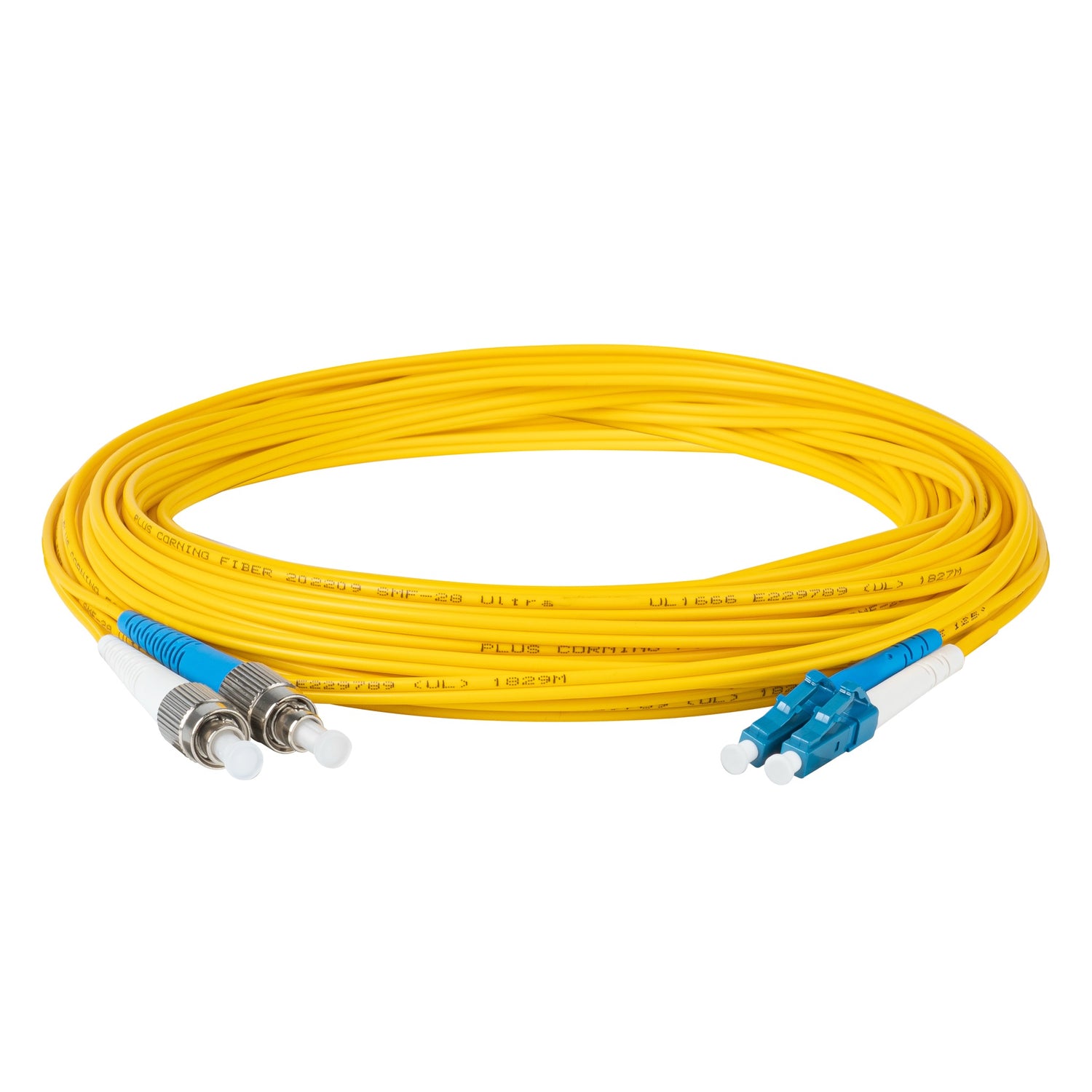 0.2dB LC/UPC to FC/UPC Single-mode Duplex Fiber Patch Cable | Corning SMF-28 Ultra Fiber | Blue and White Boots | OS1/OS2 Compatible | OFNR Jacket