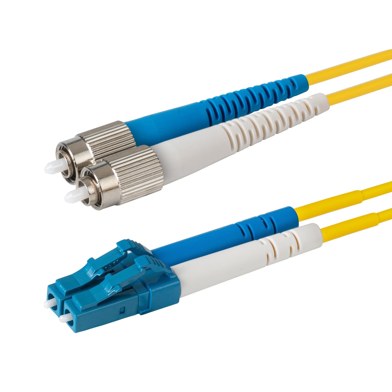 0.2dB LC/UPC to FC/UPC Single-mode Duplex Fiber Patch Cable | Corning SMF-28 Ultra Fiber | Blue and White Boots | OS1/OS2 Compatible | OFNR Jacket