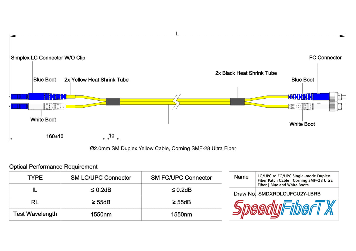 0.2dB LC/UPC to FC/UPC Single-mode Duplex Fiber Patch Cable | Corning SMF-28 Ultra Fiber | Blue and White Boots | OS1/OS2 Compatible | OFNR Jacket