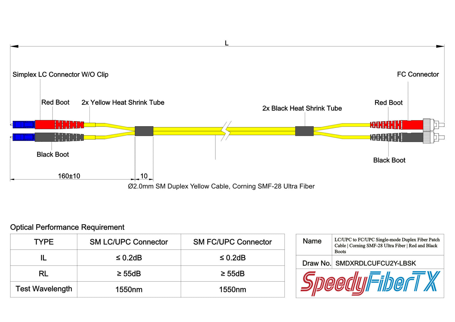 0.2dB LC/UPC to FC/UPC Single-mode Duplex Fiber Patch Cable | Corning SMF-28 Ultra Fiber | Red and Black Boots | OS1/OS2 Compatible | OFNR Jacket