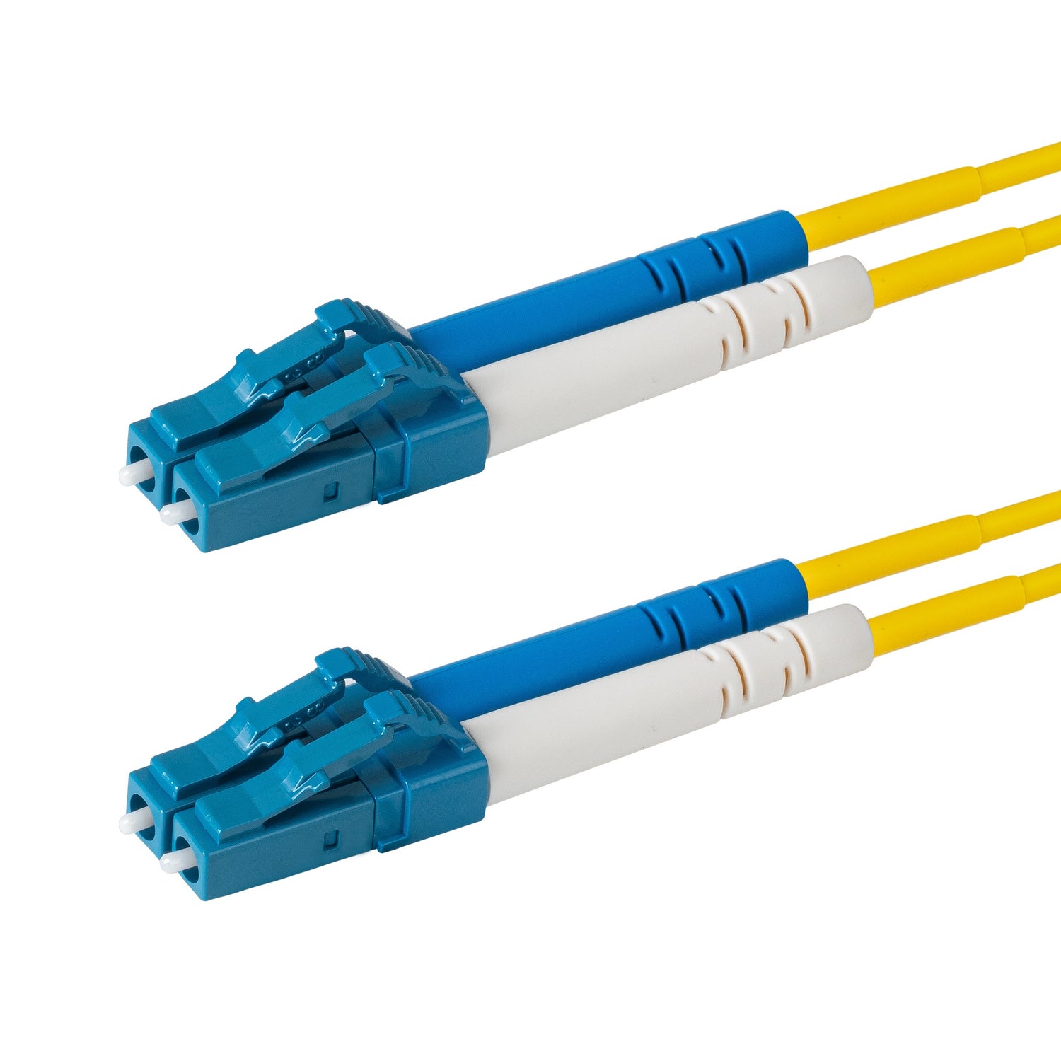 0.2dB LC/UPC to LC/UPC Single-mode Duplex Fiber Patch Cable | Corning SMF-28 Ultra Fiber | Blue and White Boots | OS1/OS2 Compatible | OFNR Jacket