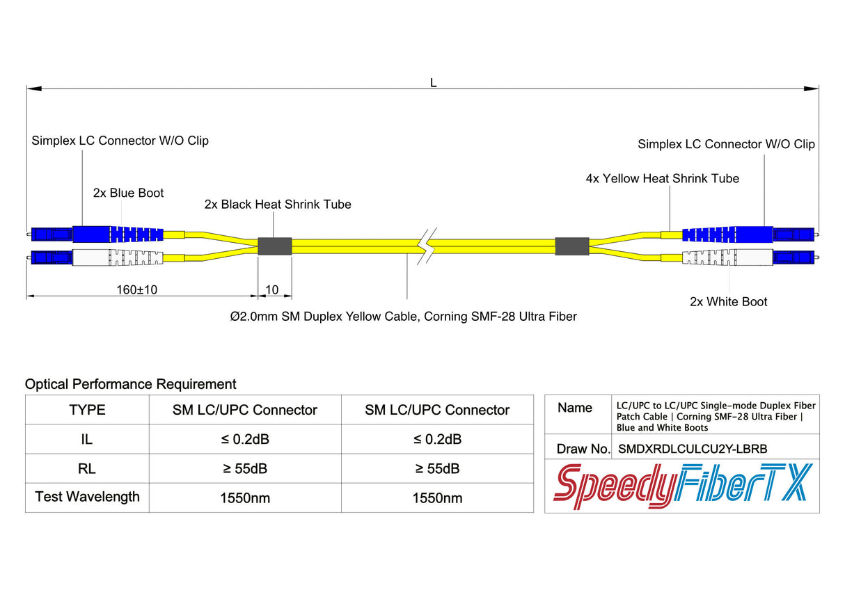 0.2dB LC/UPC to LC/UPC Single-mode Duplex Fiber Patch Cable | Corning SMF-28 Ultra Fiber | Blue and White Boots | OS1/OS2 Compatible | OFNR Jacket