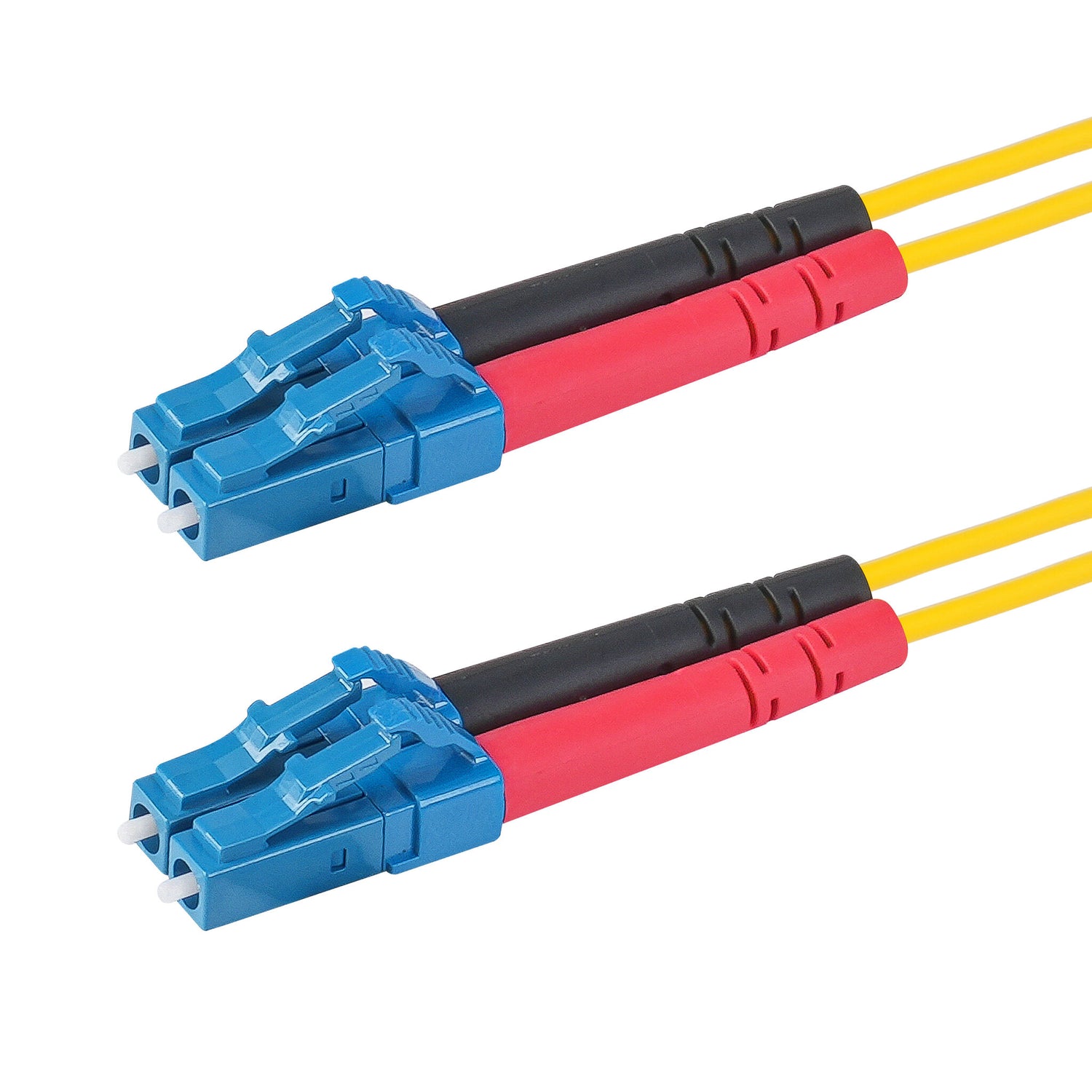 0.2dB LC/UPC to LC/UPC Single-mode Duplex Fiber Patch Cable | Corning SMF-28 Ultra Fiber | Red and Black Boots | OS1/OS2 Compatible | OFNR Jacket