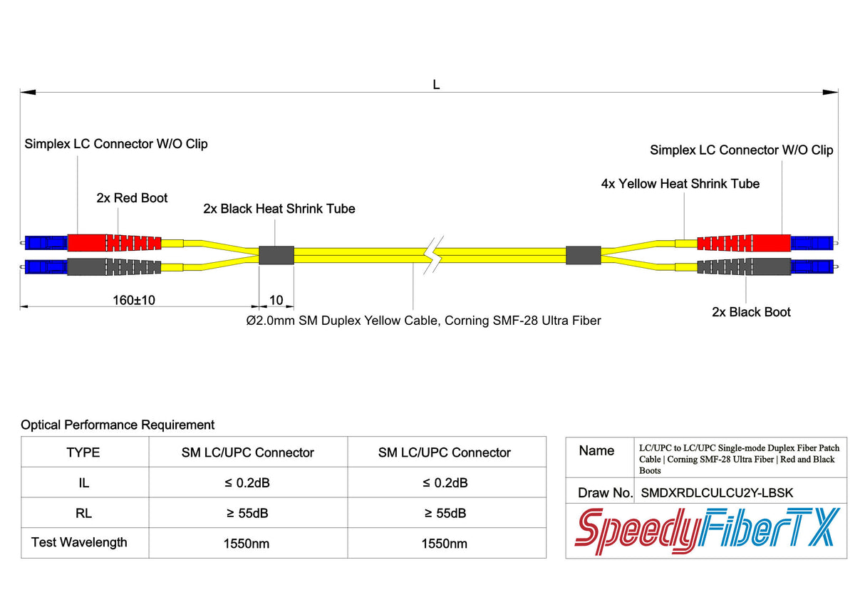 0.2dB LC/UPC to LC/UPC Single-mode Duplex Fiber Patch Cable | Corning SMF-28 Ultra Fiber | Red and Black Boots | OS1/OS2 Compatible | OFNR Jacket
