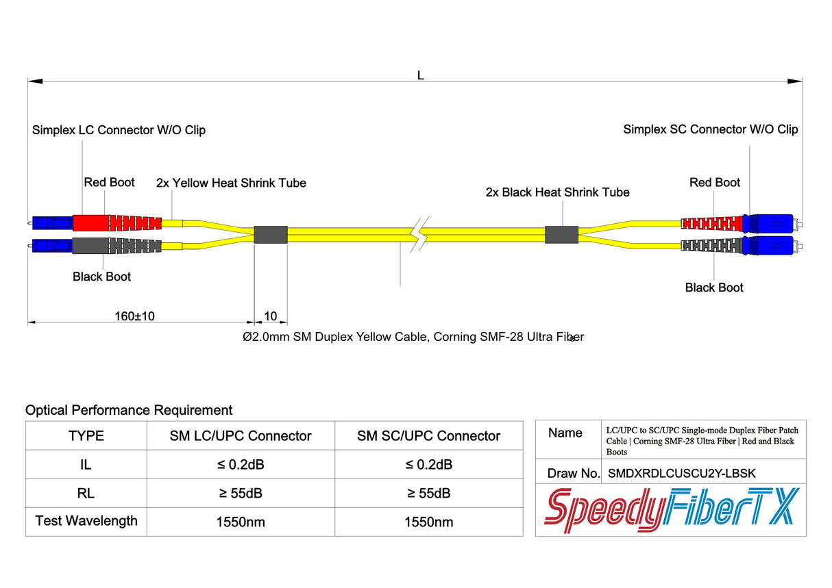 0.2dB LC/UPC to SC/UPC Single-mode Duplex Fiber Patch Cable | Corning SMF-28 Ultra Fiber | Red and Black Boots | OS1/OS2 Compatible | OFNR Jacket