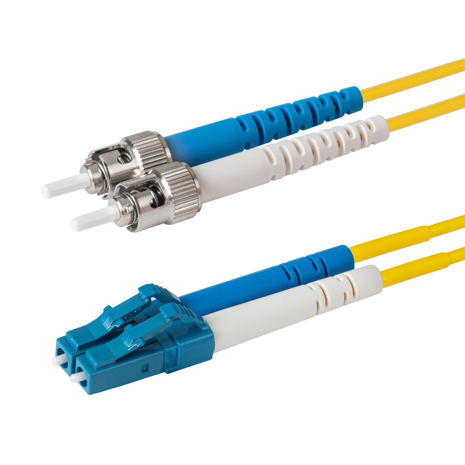 0.2dB LC/UPC to ST/UPC Single-mode Duplex Fiber Patch Cable | Corning SMF-28 Ultra Fiber | Blue and White Boots | OS1/OS2 Compatible | OFNR Jacket