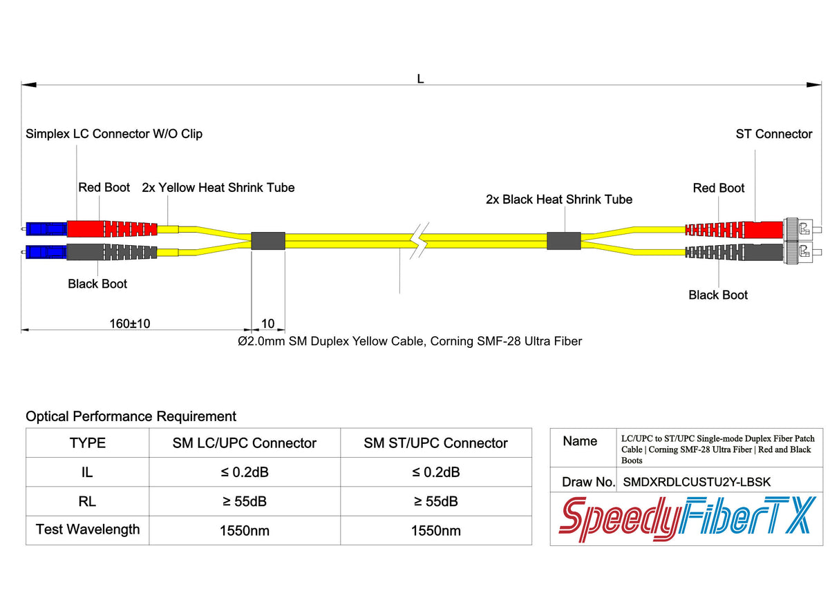 0.2dB LC/UPC to ST/UPC Single-mode Duplex Fiber Patch Cable | Corning SMF-28 Ultra Fiber | Red and Black Boots | OS1/OS2 Compatible | OFNR Jacket