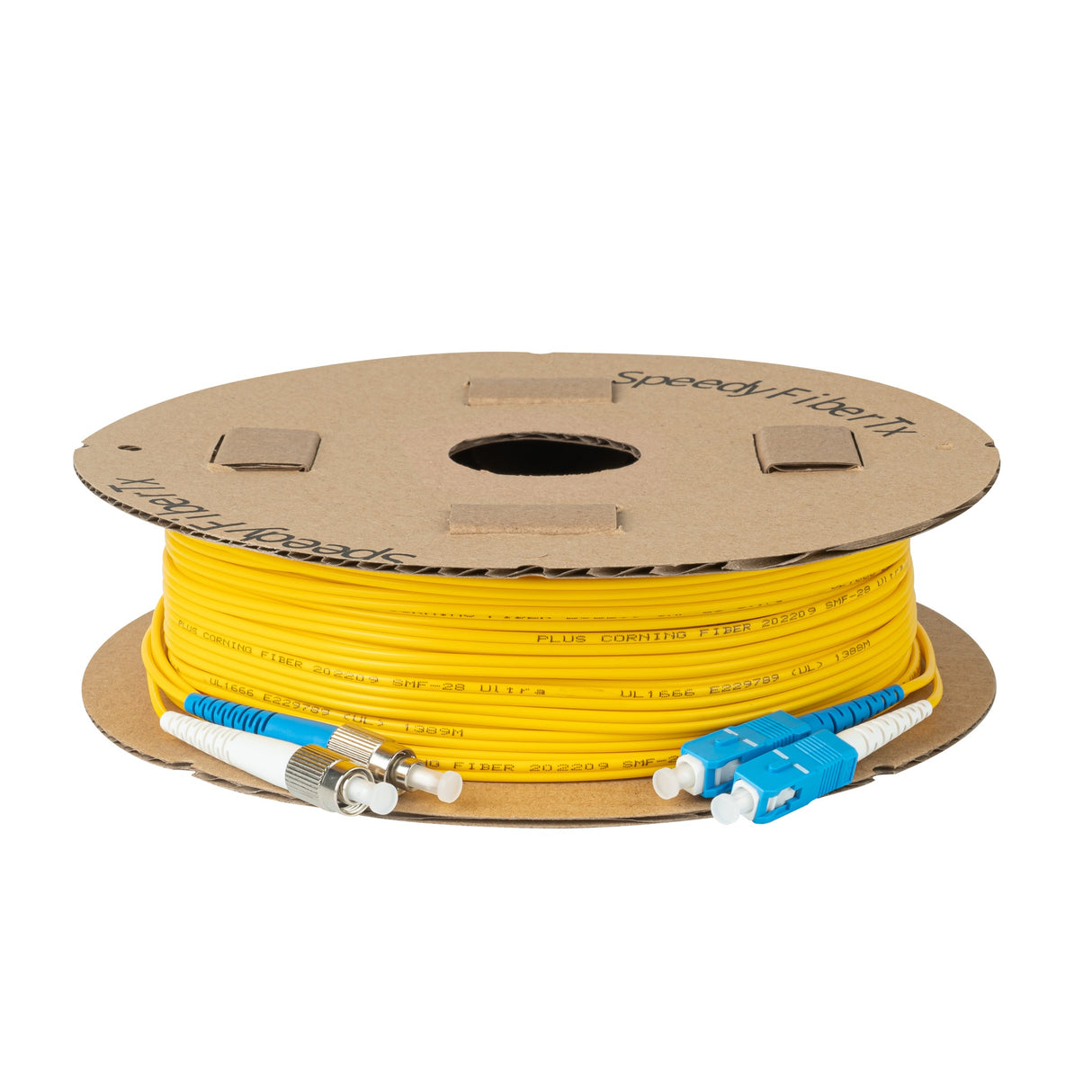 0.2dB SC/UPC to FC/UPC Single-mode Duplex Fiber Patch Cable | Corning SMF-28 Ultra Fiber | Blue and White Boots | OS1/OS2 Compatible | OFNR Jacket