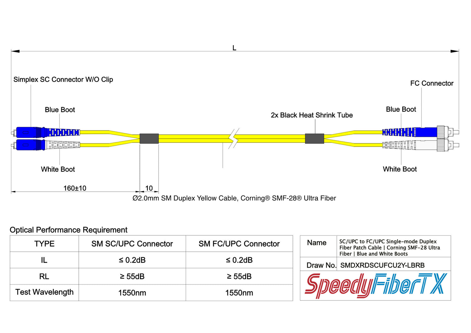 0.2dB SC/UPC to FC/UPC Single-mode Duplex Fiber Patch Cable | Corning SMF-28 Ultra Fiber | Blue and White Boots | OS1/OS2 Compatible | OFNR Jacket