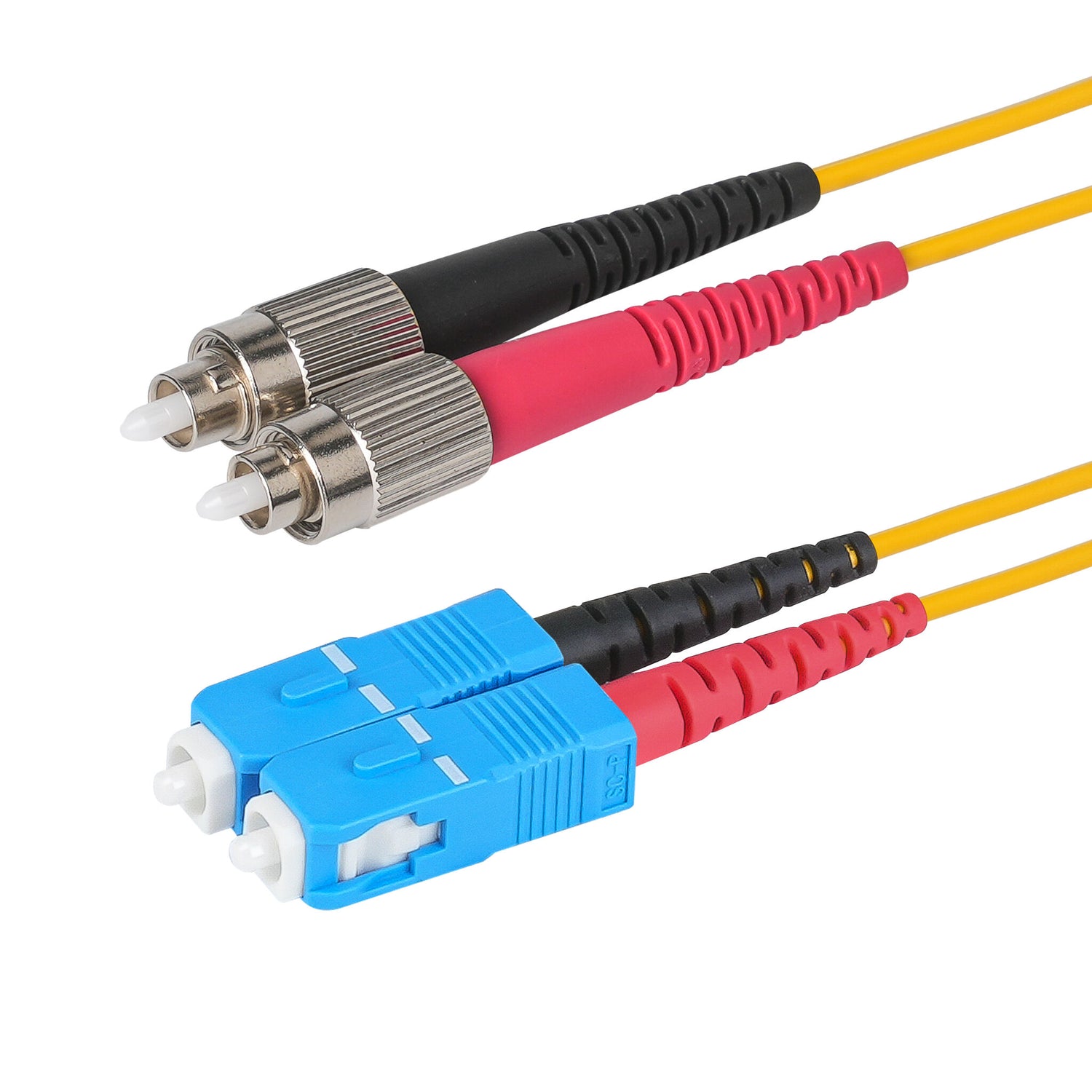 0.2dB SC/UPC to FC/UPC Single-mode Duplex Fiber Patch Cable | Corning SMF-28 Ultra Fiber | Red and Black Boots | OS1/OS2 Compatible | OFNR Jacket