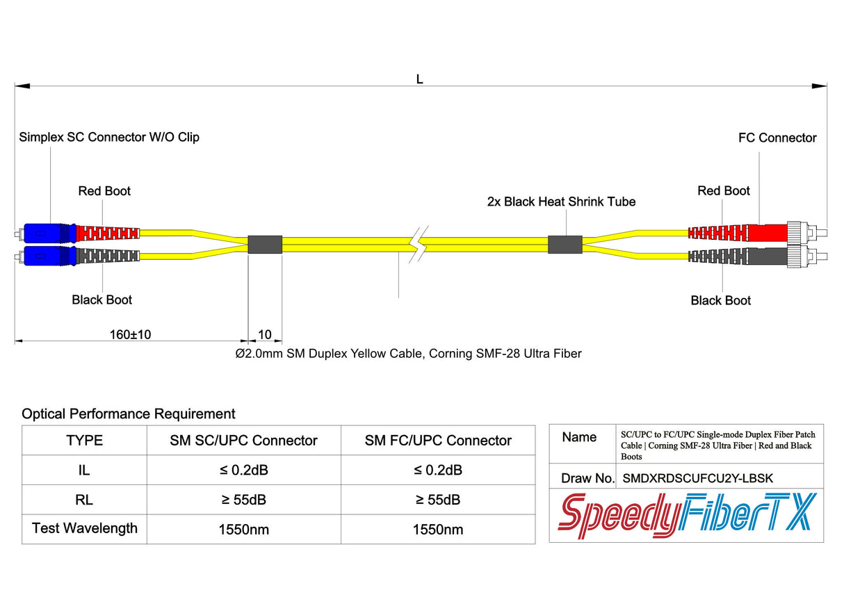 0.2dB SC/UPC to FC/UPC Single-mode Duplex Fiber Patch Cable | Corning SMF-28 Ultra Fiber | Red and Black Boots | OS1/OS2 Compatible | OFNR Jacket