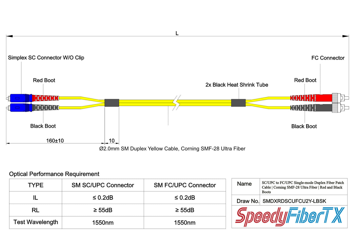 0.2dB SC/UPC to FC/UPC Single-mode Duplex Fiber Patch Cable | Corning SMF-28 Ultra Fiber | Red and Black Boots | OS1/OS2 Compatible | OFNR Jacket