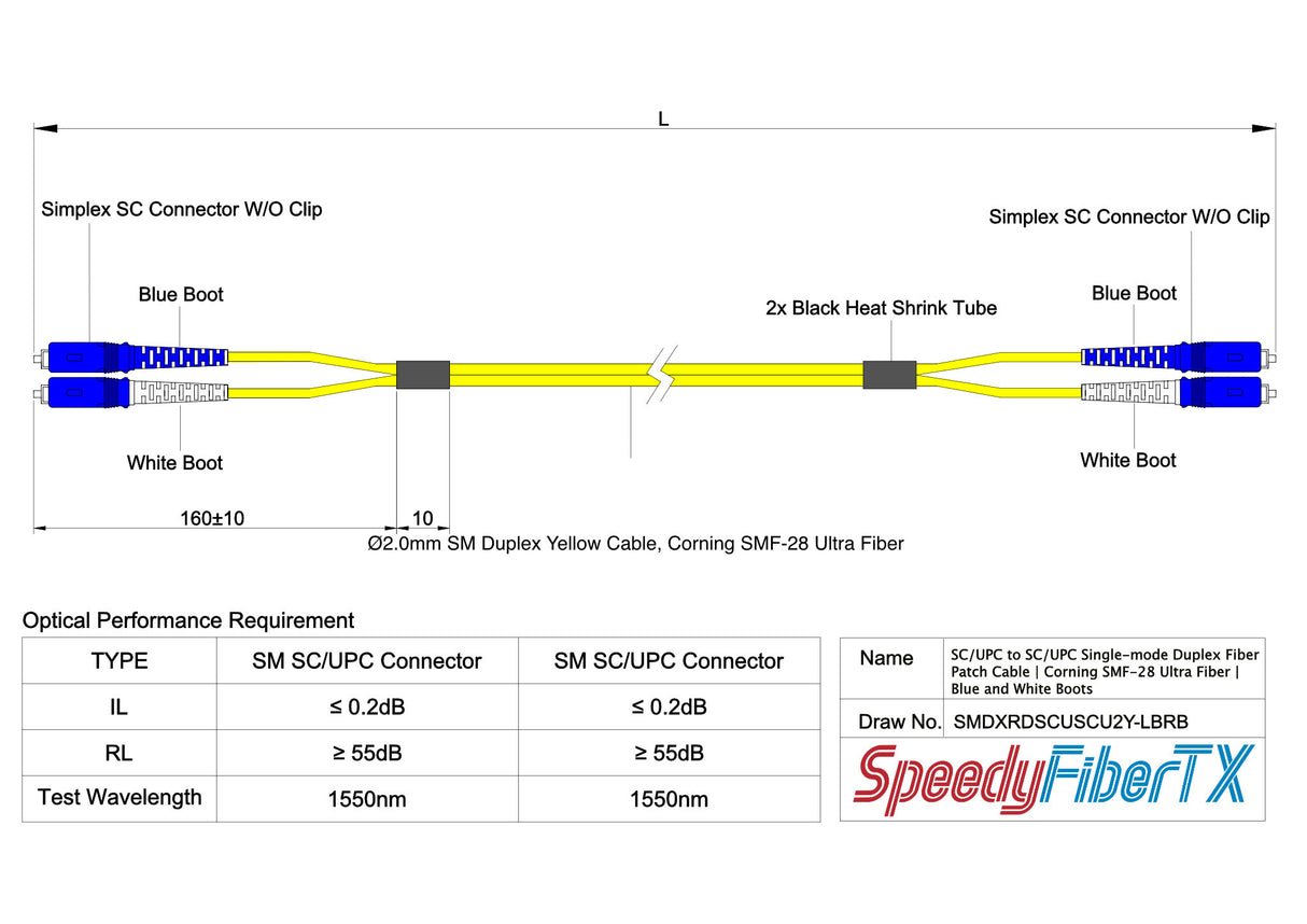 0.2dB SC/UPC to SC/UPC Single-mode Duplex Fiber Patch Cable | Corning SMF-28 Ultra Fiber | Blue and White Boots | OS1/OS2 Compatible | OFNR Jacket