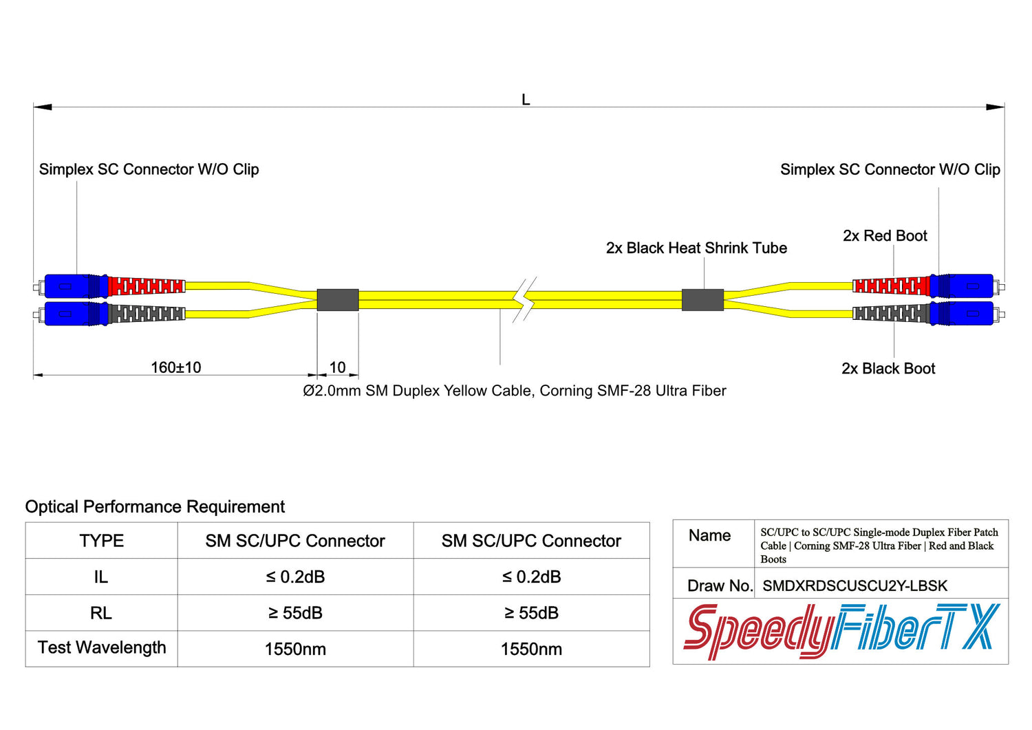 0.2dB SC/UPC to SC/UPC Single-mode Duplex Fiber Patch Cable | Corning SMF-28 Ultra Fiber | Red and Black Boots | OS1/OS2 Compatible | OFNR Jacket