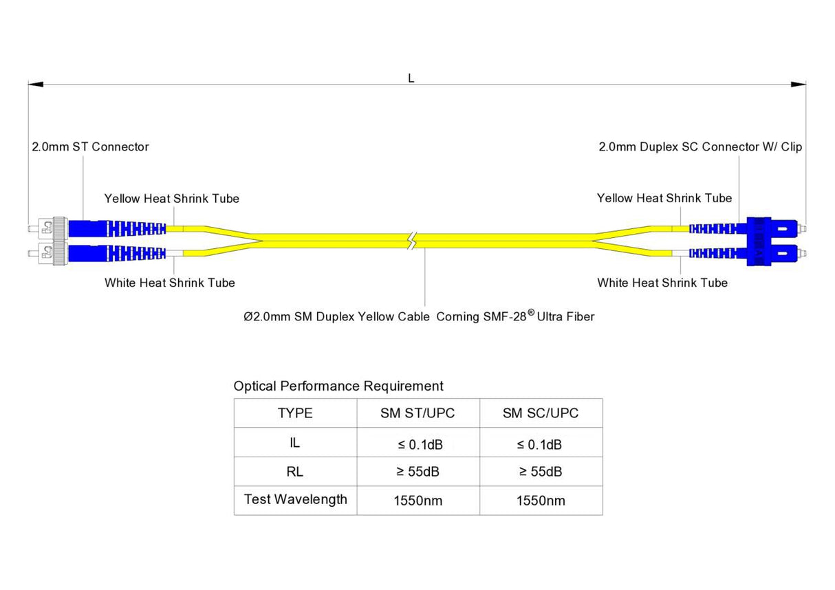Ultra Low Loss 0.1dB SC/UPC to ST/UPC Single-mode Duplex Fiber Patch Cable | Corning SMF-28 Ultra Fiber | OS1/OS2 Compatible | OFNP Jacket