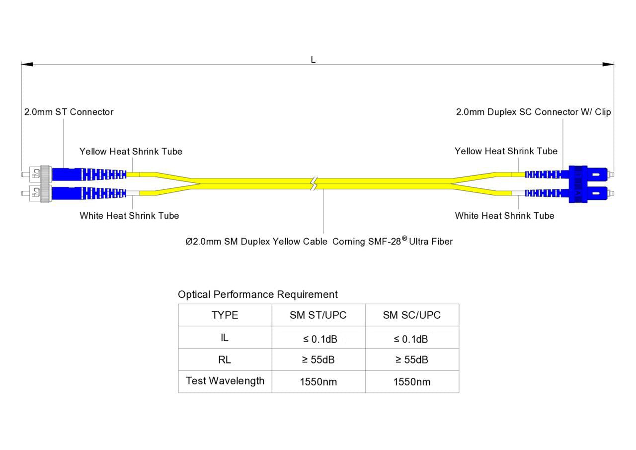 Ultra Low Loss 0.1dB SC/UPC to ST/UPC Single-mode Duplex Fiber Patch Cable | Corning SMF-28 Ultra Fiber | OS1/OS2 Compatible | OFNP Jacket