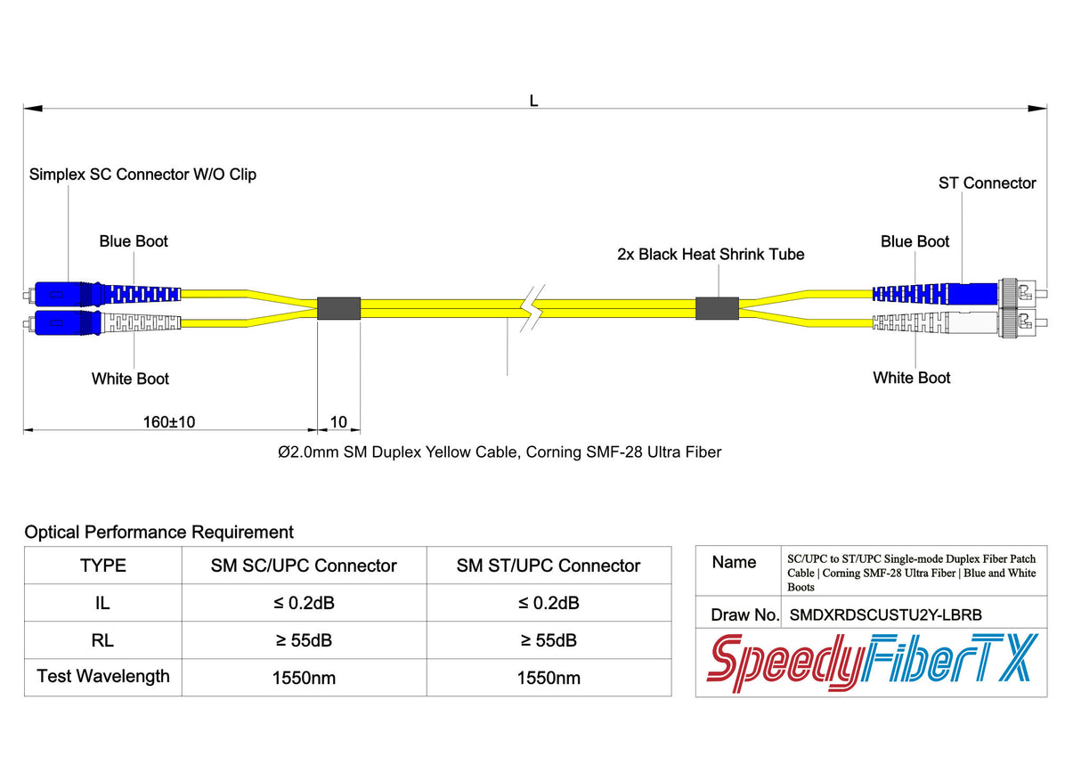 0.2dB SC/UPC to ST/UPC Single-mode Duplex Fiber Patch Cable | Corning SMF-28 Ultra Fiber | Blue and White Boots | OS1/OS2 Compatible | OFNR Jacket