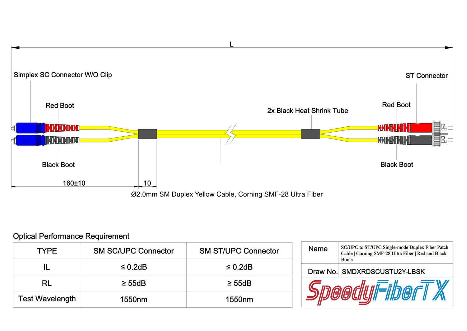 0.2dB SC/UPC to ST/UPC Single-mode Duplex Fiber Patch Cable | Corning SMF-28 Ultra Fiber | Red and Black Boots | OS1/OS2 Compatible | OFNR Jacket