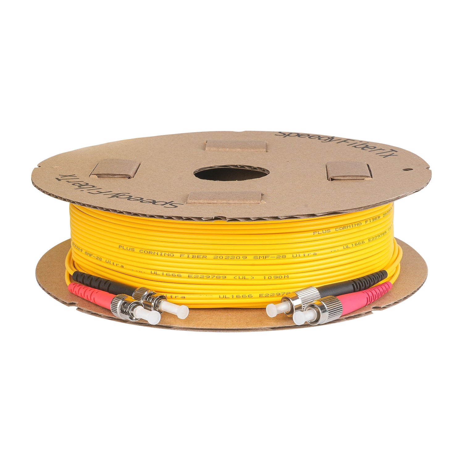 0.2dB FC/APC to ST/UPC Single-mode Duplex Fiber Patch Cable | Corning SMF-28 Ultra Fiber | Red and Black Boots | OS1/OS2 Compatible | OFNR Jacket