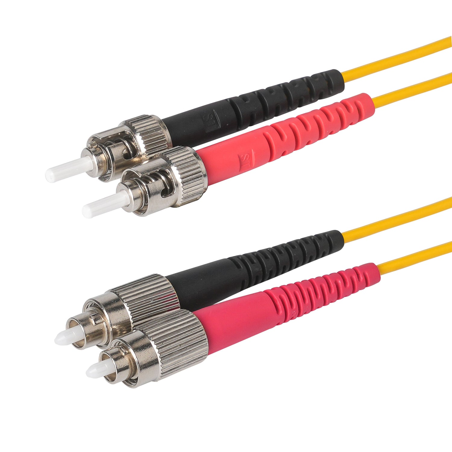 0.2dB FC/APC to ST/UPC Single-mode Duplex Fiber Patch Cable | Corning SMF-28 Ultra Fiber | Red and Black Boots | OS1/OS2 Compatible | OFNR Jacket