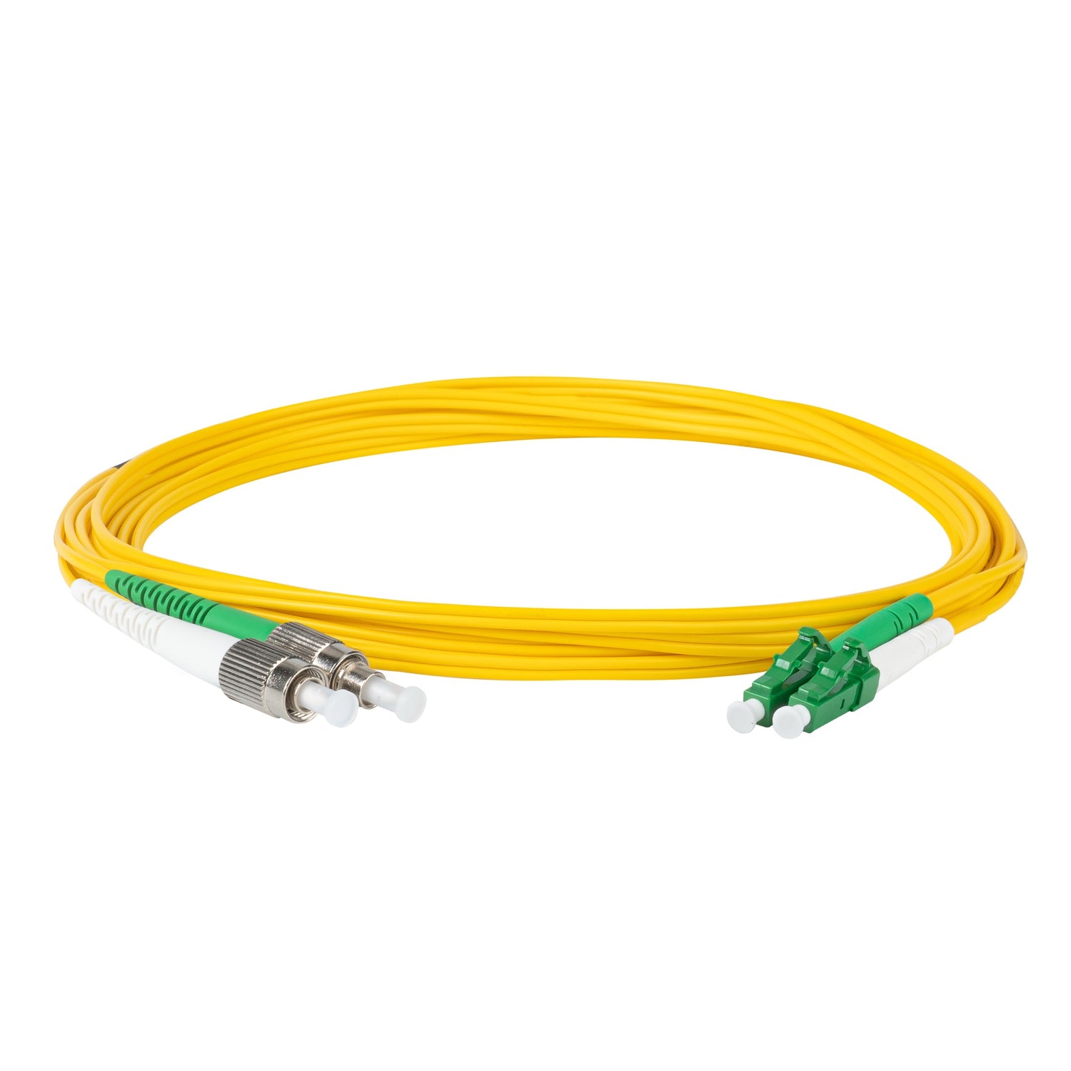 0.2dB LC/APC to FC/APC Single-mode Duplex Fiber Patch Cable | Corning SMF-28 Ultra Fiber | Green and White Boots | OS1/OS2 Compatible | OFNR Jacket