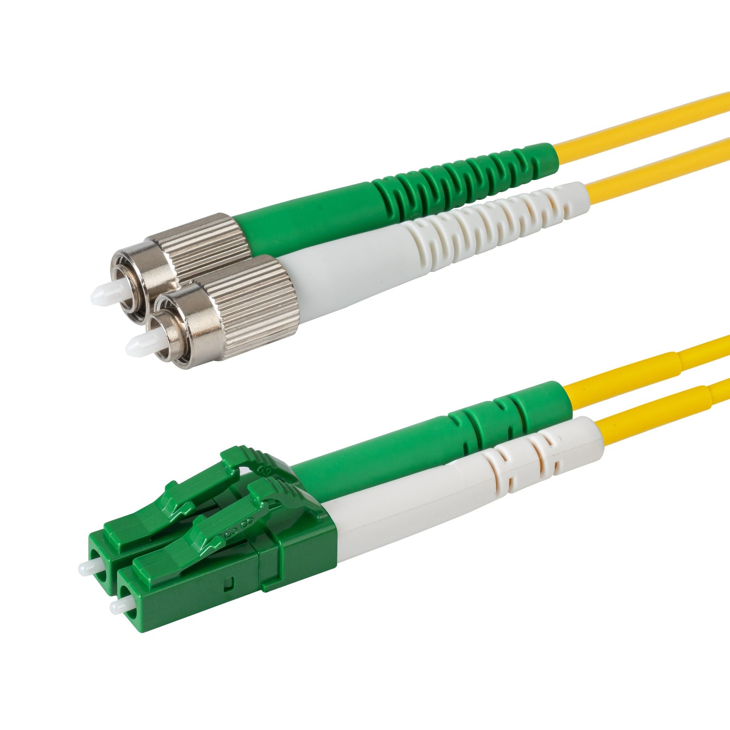 0.2dB LC/APC to FC/APC Single-mode Duplex Fiber Patch Cable | Corning SMF-28 Ultra Fiber | Green and White Boots | OS1/OS2 Compatible | OFNR Jacket