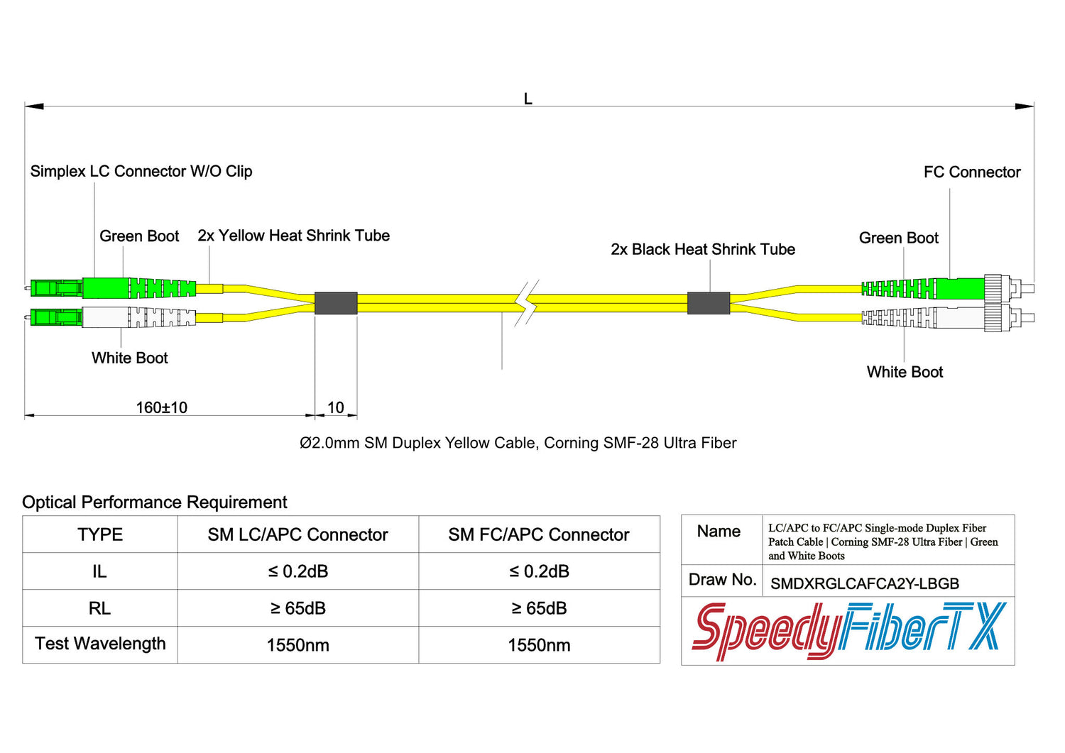 0.2dB LC/APC to FC/APC Single-mode Duplex Fiber Patch Cable | Corning SMF-28 Ultra Fiber | Green and White Boots | OS1/OS2 Compatible | OFNR Jacket