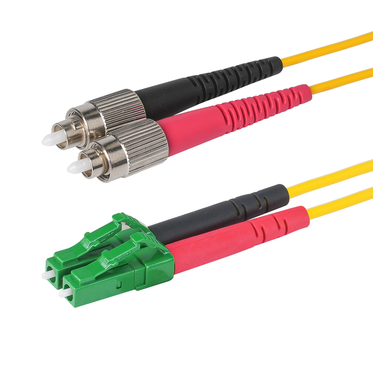 0.2dB LC/APC to FC/APC Single-mode Duplex Fiber Patch Cable | Corning SMF-28 Ultra Fiber | Red and Black Boots | OS1/OS2 Compatible | OFNR Jacket