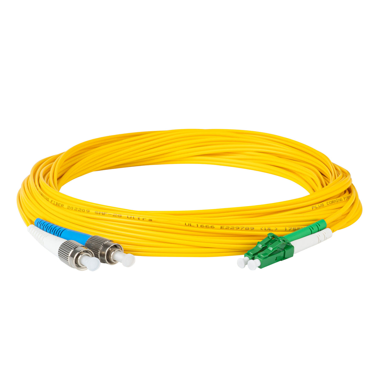 0.2dB LC/APC to FC/UPC Single-mode Duplex Fiber Patch Cable | Corning SMF-28 Ultra Fiber | Green, Blue and White Boots | OS1/OS2 Compatible | OFNR Jacket