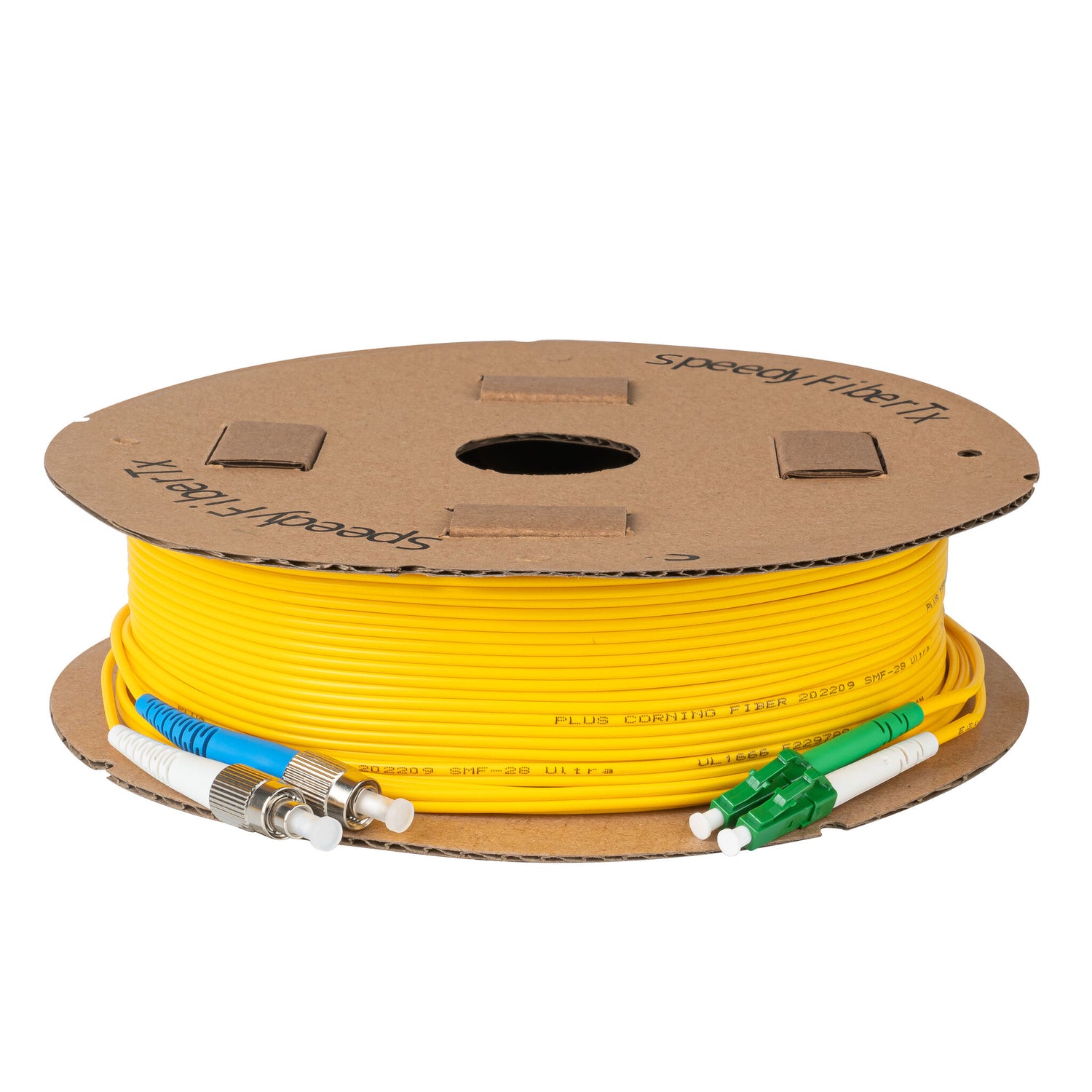 0.2dB LC/APC to FC/UPC Single-mode Duplex Fiber Patch Cable | Corning SMF-28 Ultra Fiber | Green, Blue and White Boots | OS1/OS2 Compatible | OFNR Jacket