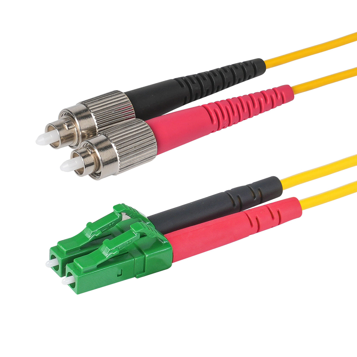 0.2dB LC/APC to FC/UPC Single-mode Duplex Fiber Patch Cable | Corning SMF-28 Ultra Fiber | Red and Black Boots | OS1/OS2 Compatible | OFNR Jacket