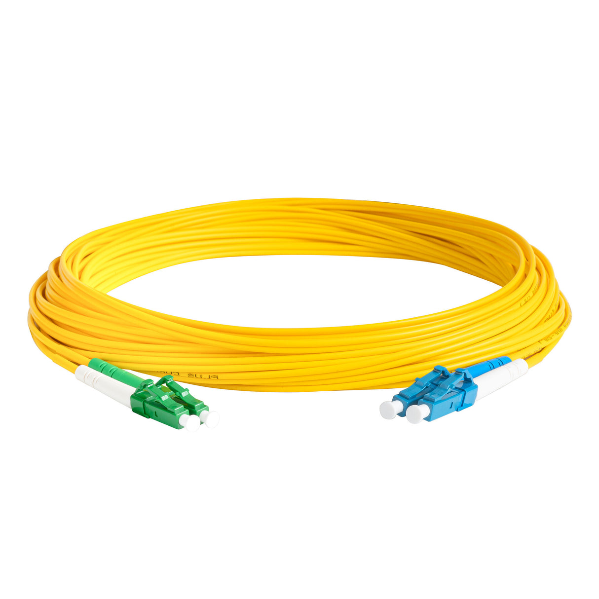0.2dB LC/APC to LC/UPC Single-mode Duplex Fiber Patch Cable | Corning SMF-28 Ultra Fiber | Green, Blue and White Boots | OS1/OS2 Compatible | OFNR Jacket