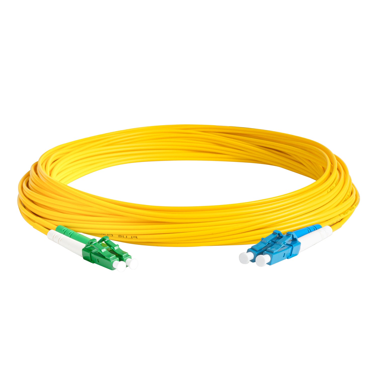 0.2dB LC/APC to LC/UPC Single-mode Duplex Fiber Patch Cable | Corning SMF-28 Ultra Fiber | Green, Blue and White Boots | OS1/OS2 Compatible | OFNR Jacket