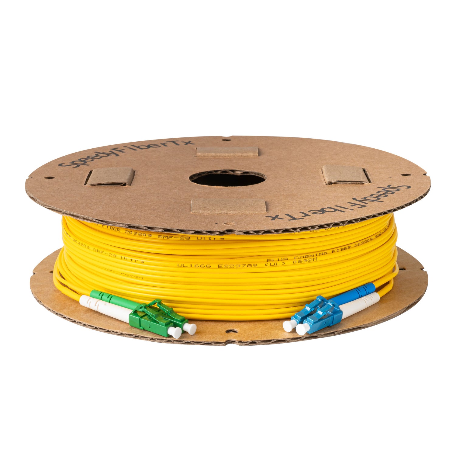 0.2dB LC/APC to LC/UPC Single-mode Duplex Fiber Patch Cable | Corning SMF-28 Ultra Fiber | Green, Blue and White Boots | OS1/OS2 Compatible | OFNR Jacket