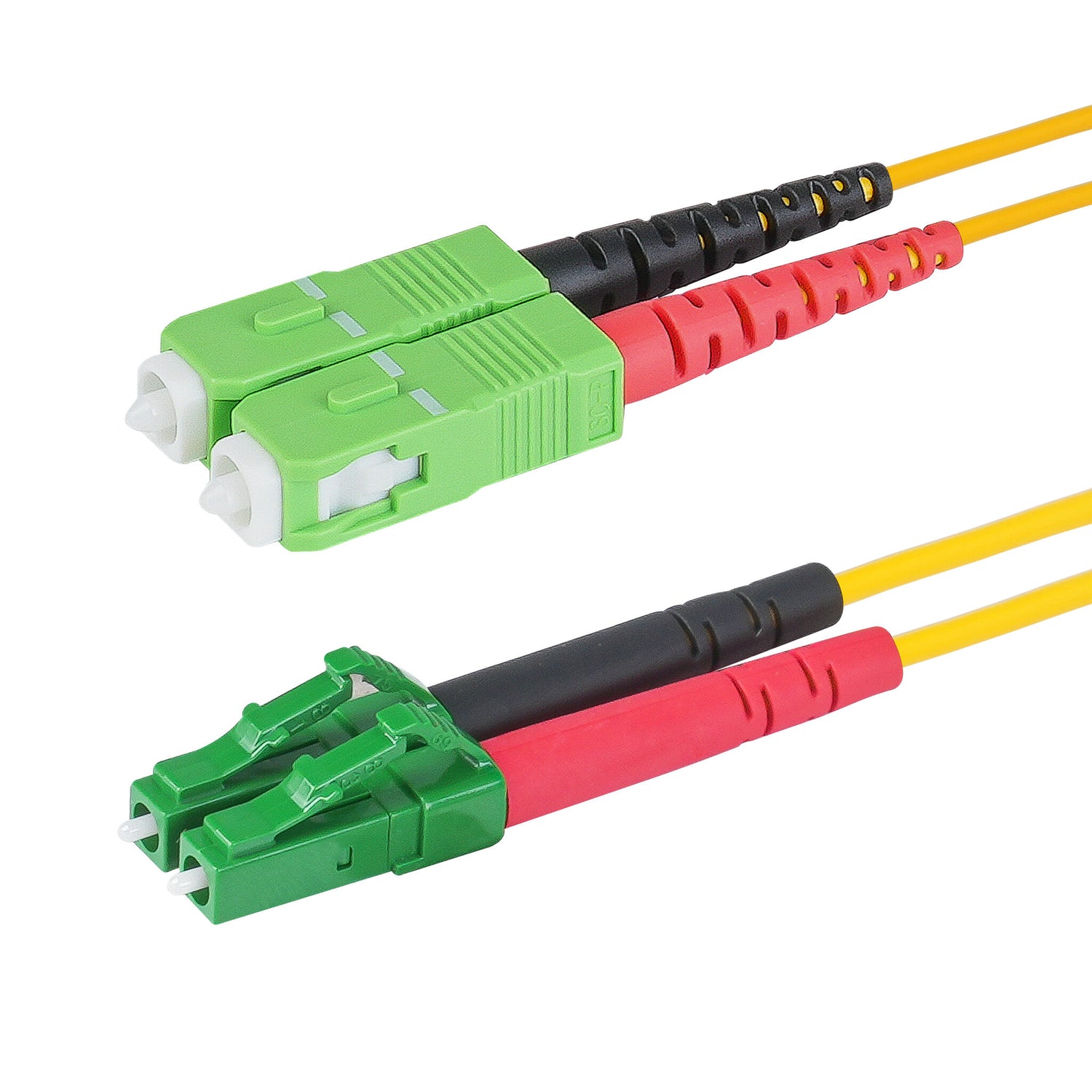 0.2dB LC/APC to SC/APC Single-mode Duplex Fiber Patch Cable | Corning SMF-28 Ultra Fiber | Red and Black Boots | OS1/OS2 Compatible | OFNR Jacket