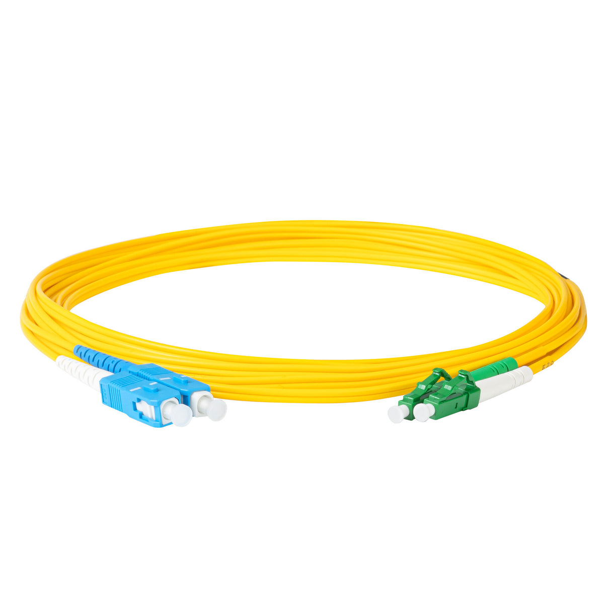 0.2dB LC/APC to SC/UPC Single-mode Duplex Fiber Patch Cable | Corning SMF-28 Ultra Fiber | Green, Blue and White Boots | OS1/OS2 Compatible | OFNR Jacket