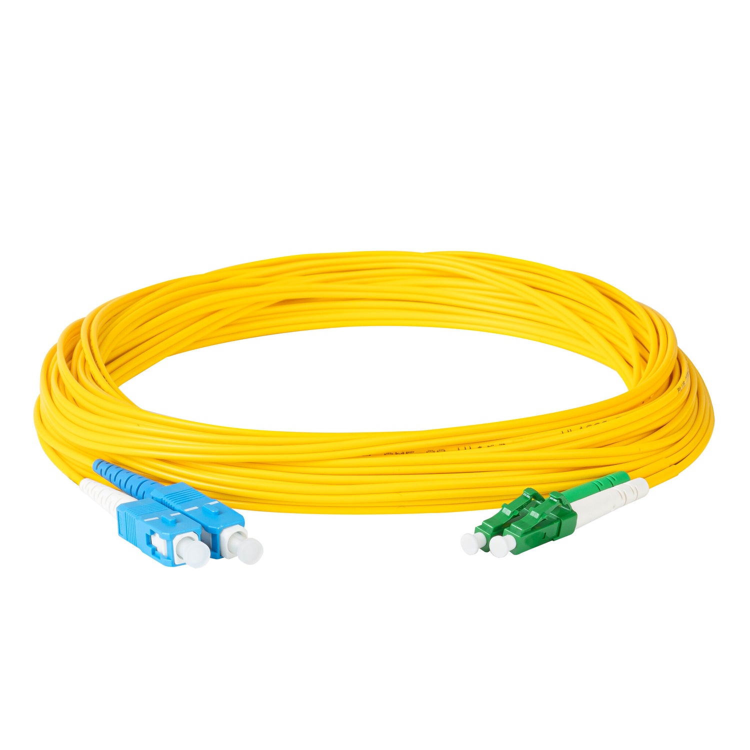 0.2dB LC/APC to SC/UPC Single-mode Duplex Fiber Patch Cable | Corning SMF-28 Ultra Fiber | Green, Blue and White Boots | OS1/OS2 Compatible | OFNR Jacket