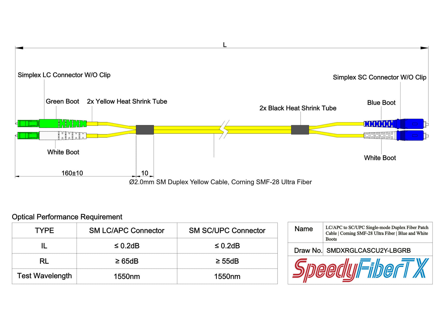 0.2dB LC/APC to SC/UPC Single-mode Duplex Fiber Patch Cable | Corning SMF-28 Ultra Fiber | Green, Blue and White Boots | OS1/OS2 Compatible | OFNR Jacket