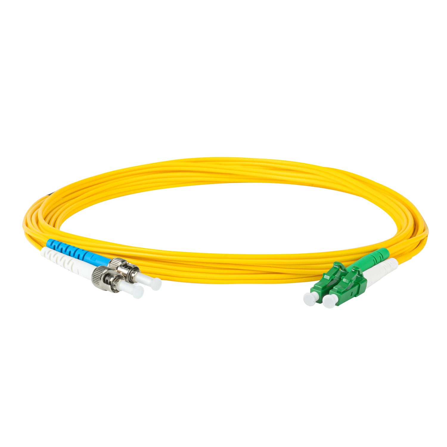 0.2dB LC/APC to ST/UPC Single-mode Duplex Fiber Patch Cable | Corning SMF-28 Ultra Fiber | Green, Blue and White Boots | OS1/OS2 Compatible | OFNR Jacket