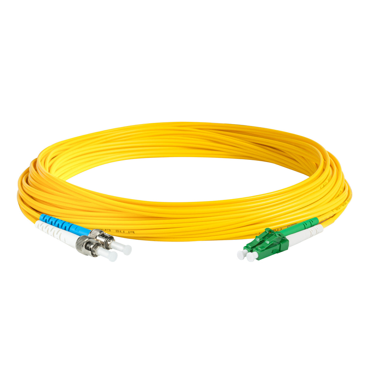 0.2dB LC/APC to ST/UPC Single-mode Duplex Fiber Patch Cable | Corning SMF-28 Ultra Fiber | Green, Blue and White Boots | OS1/OS2 Compatible | OFNR Jacket