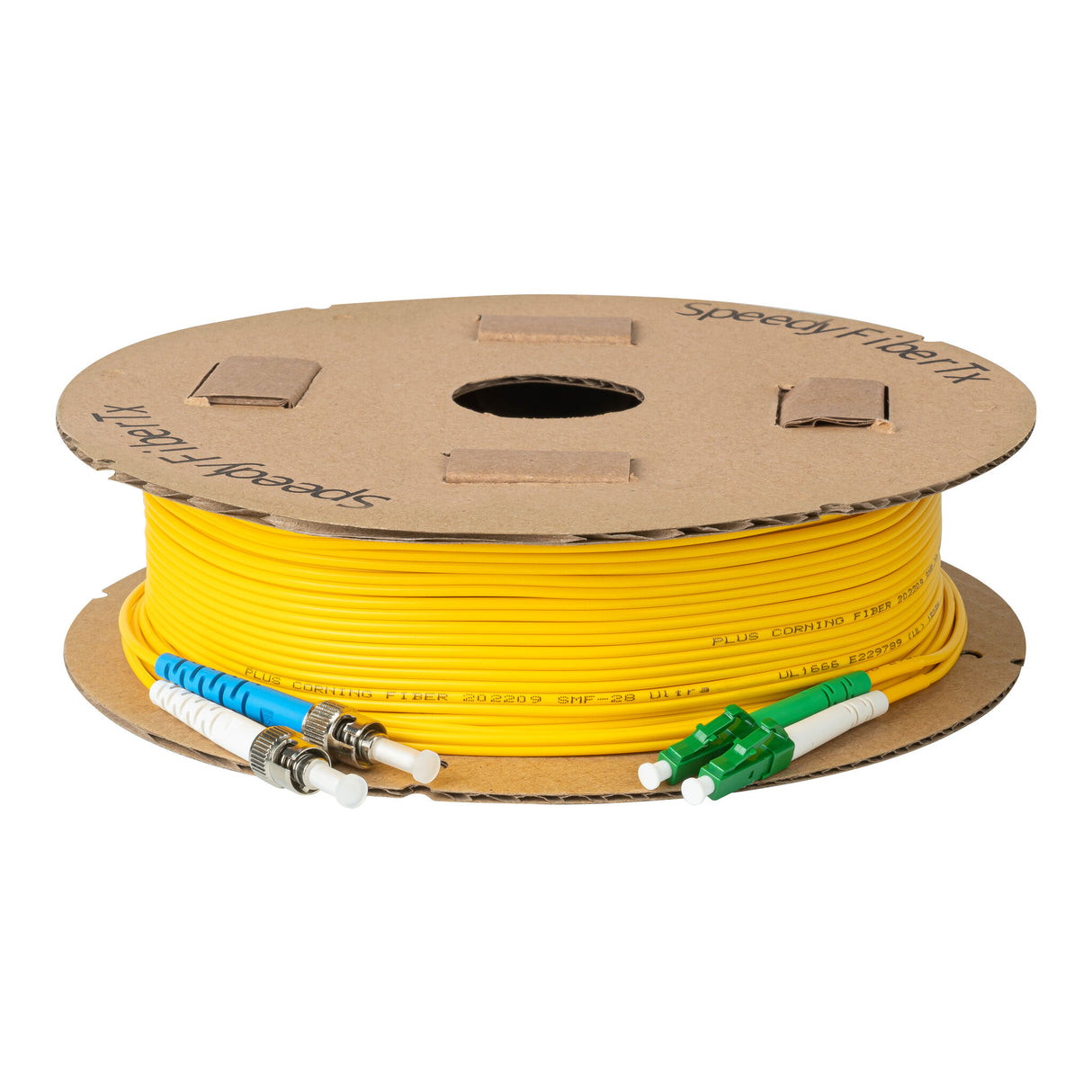 0.2dB LC/APC to ST/UPC Single-mode Duplex Fiber Patch Cable | Corning SMF-28 Ultra Fiber | Green, Blue and White Boots | OS1/OS2 Compatible | OFNR Jacket