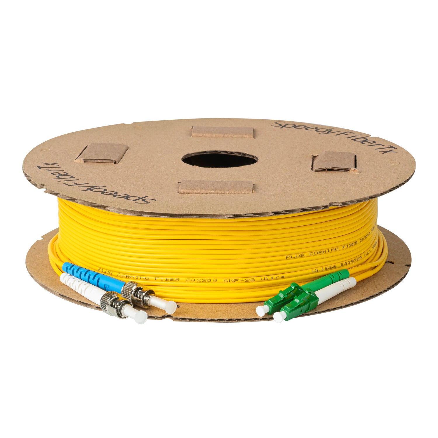 0.2dB LC/APC to ST/UPC Single-mode Duplex Fiber Patch Cable | Corning SMF-28 Ultra Fiber | Green, Blue and White Boots | OS1/OS2 Compatible | OFNR Jacket