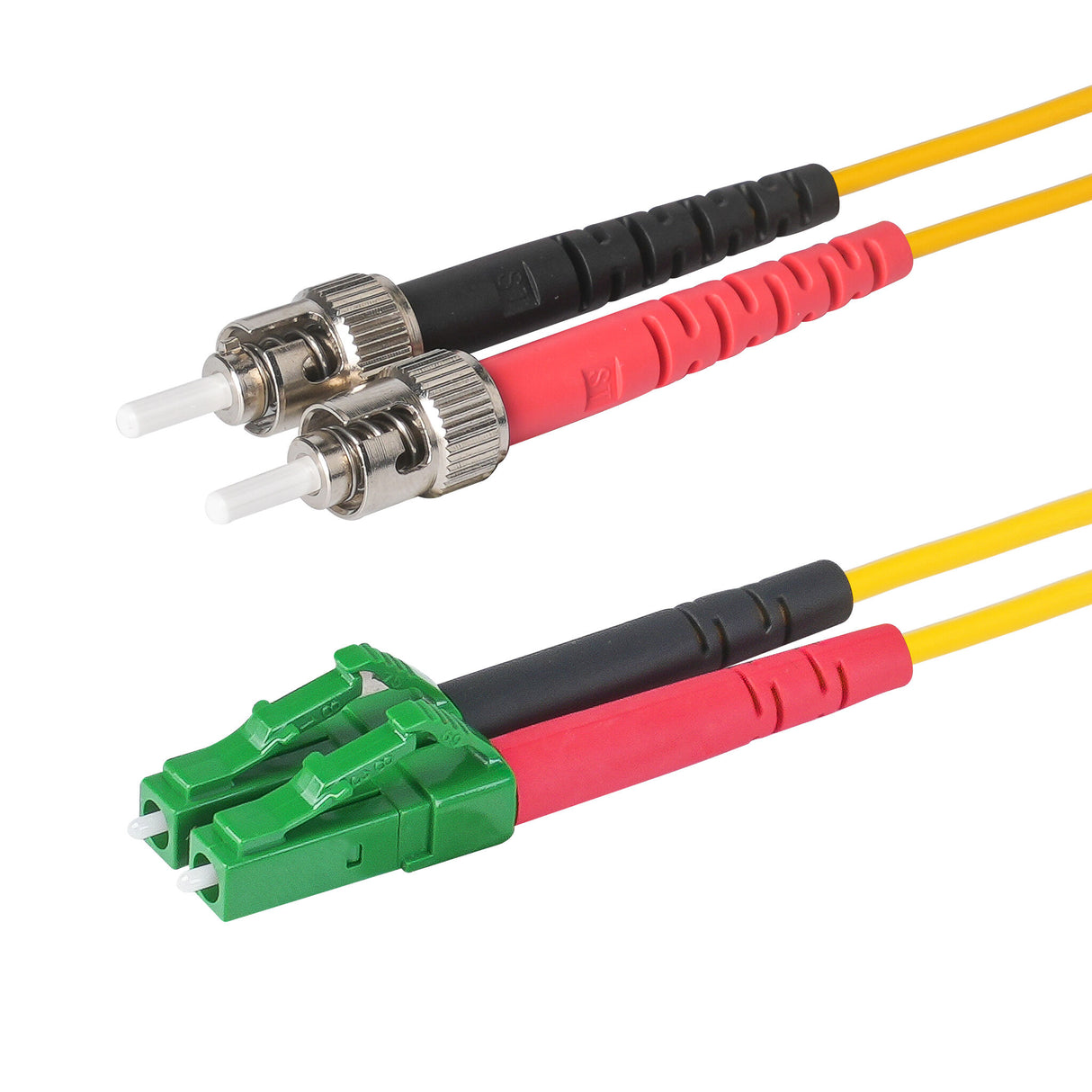 0.2dB LC/APC to ST/UPC Single-mode Duplex Fiber Patch Cable | Corning SMF-28 Ultra Fiber | Red and Black Boots | OS1/OS2 Compatible | OFNR Jacket