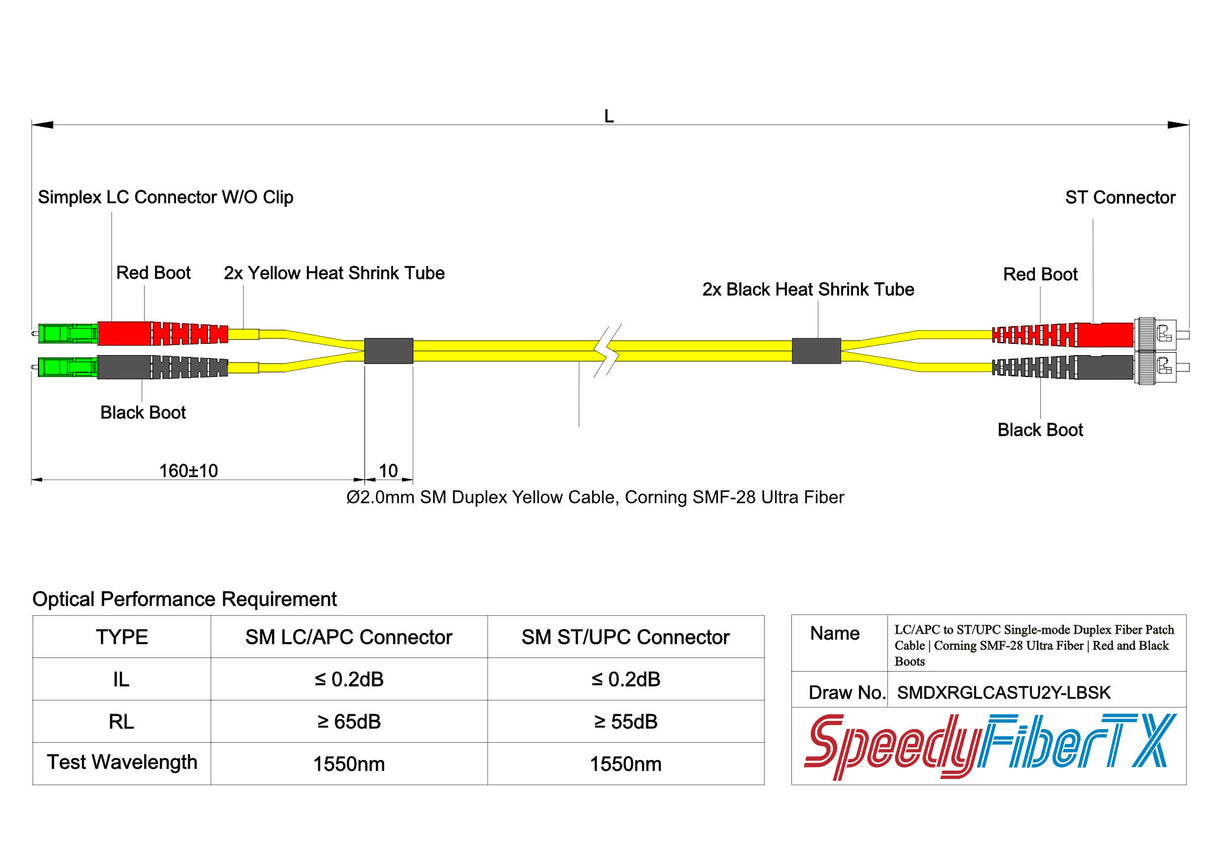 0.2dB LC/APC to ST/UPC Single-mode Duplex Fiber Patch Cable | Corning SMF-28 Ultra Fiber | Red and Black Boots | OS1/OS2 Compatible | OFNR Jacket
