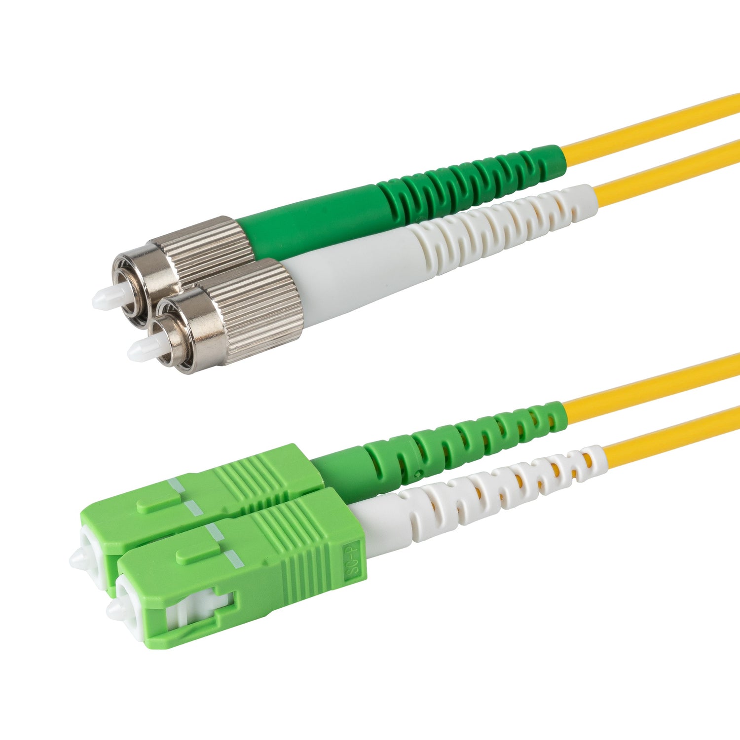 0.2dB SC/APC to FC/APC Single-mode Duplex Fiber Patch Cable | Corning SMF-28 Ultra Fiber | Green and White Boots | OS1/OS2 Compatible | OFNR Jacket
