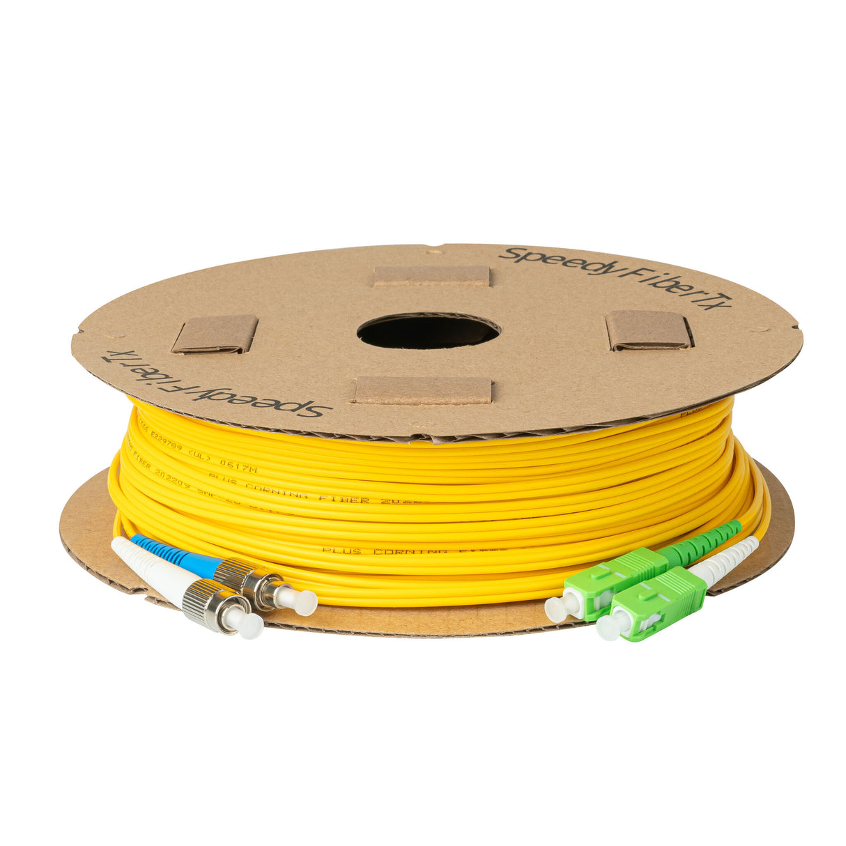 0.2dB SC/APC to FC/UPC Single-mode Duplex Fiber Patch Cable | Corning SMF-28 Ultra Fiber | Green, Blue and White Boots | OS1/OS2 Compatible | OFNR Jacket